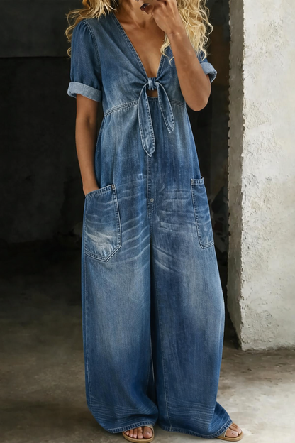 Gina – Wide Leg Denim-Look Jumpsuit