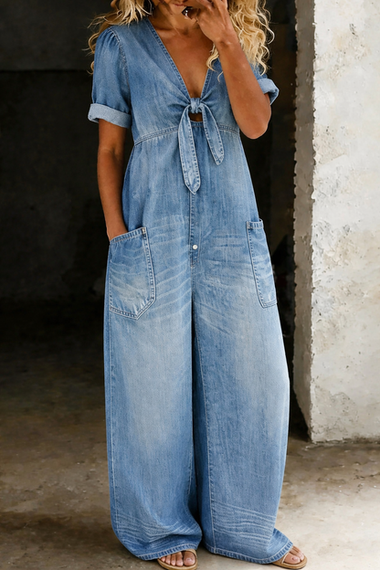 Gina – Wide Leg Denim-Look Jumpsuit