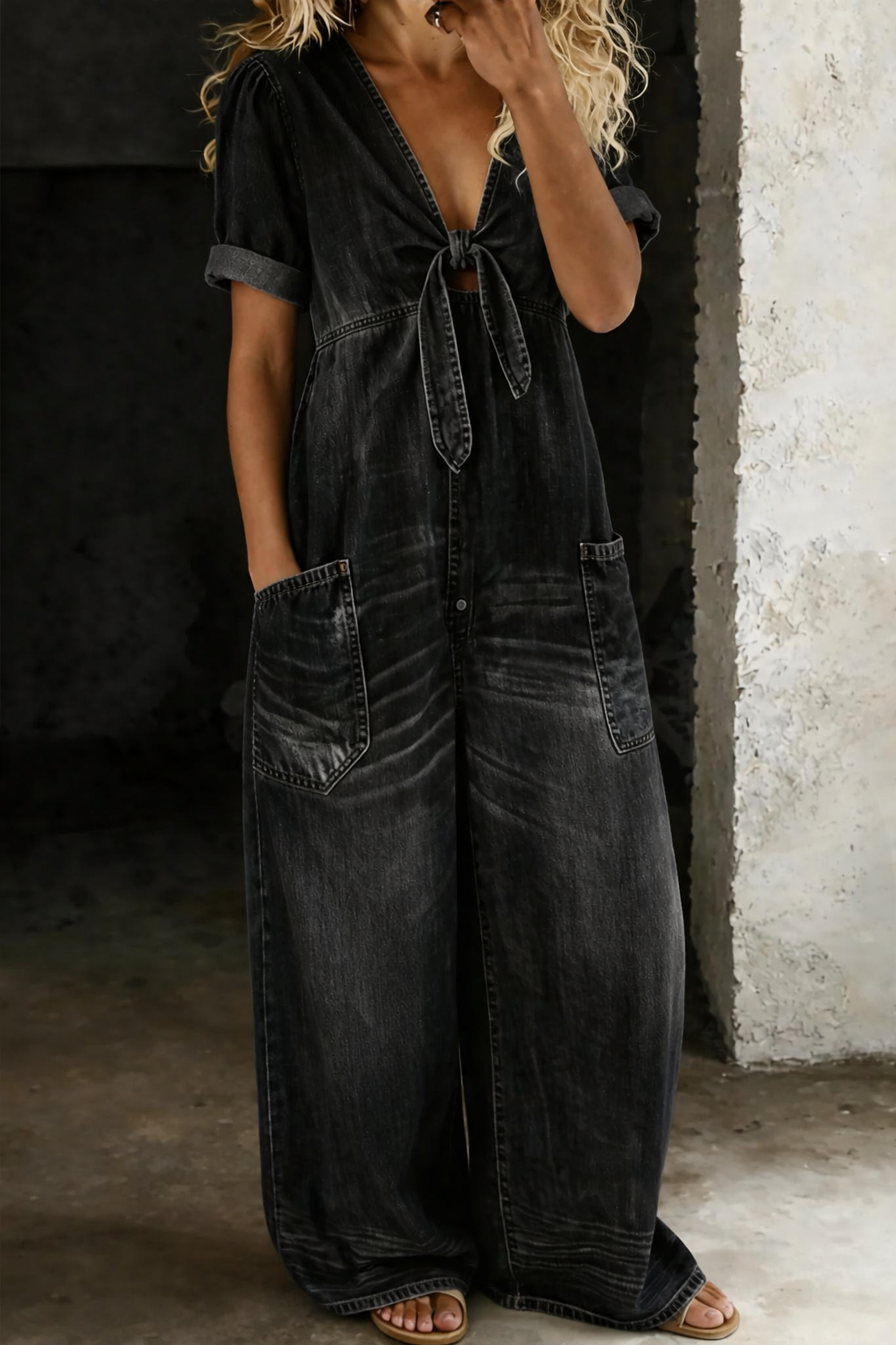 Gina – Wide Leg Denim-Look Jumpsuit