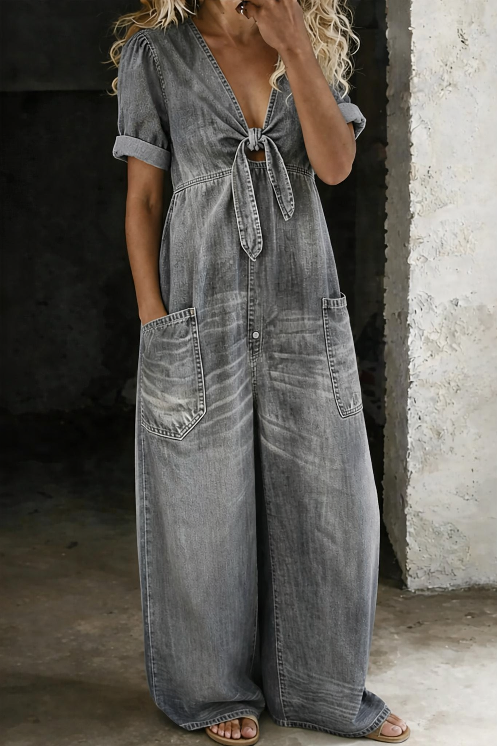 Gina – Wide Leg Denim-Look Jumpsuit