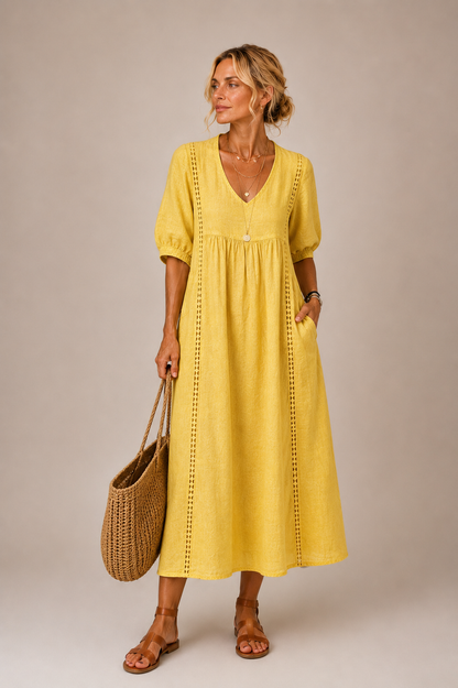 Anne – Linen-Look Midi Dress with Lace Trim