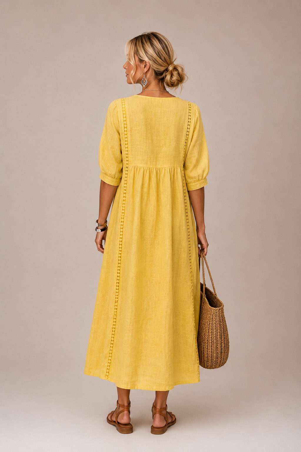 Anne – Linen-Look Midi Dress with Lace Trim