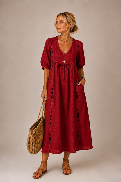 Anne – Linen-Look Midi Dress with Lace Trim