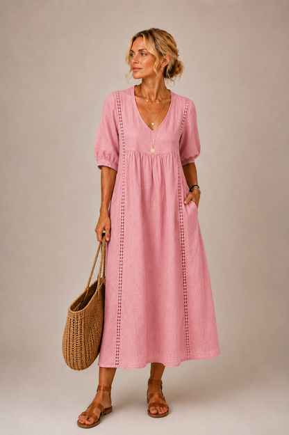 Anne – Linen-Look Midi Dress with Lace Trim