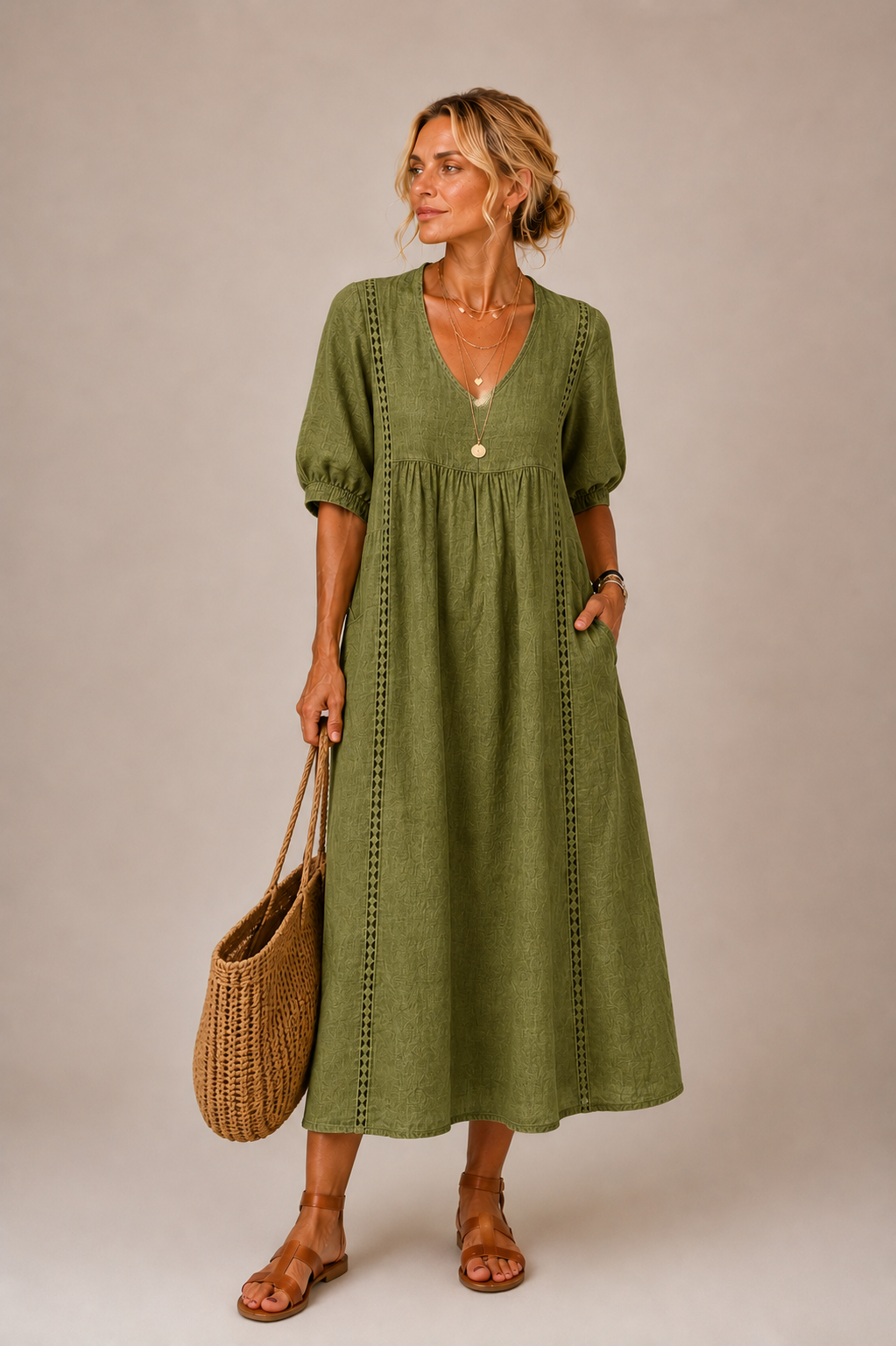 Anne – Linen-Look Midi Dress with Lace Trim