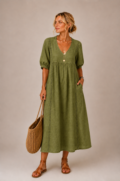 Anne – Linen-Look Midi Dress with Lace Trim
