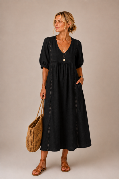 Anne – Linen-Look Midi Dress with Lace Trim