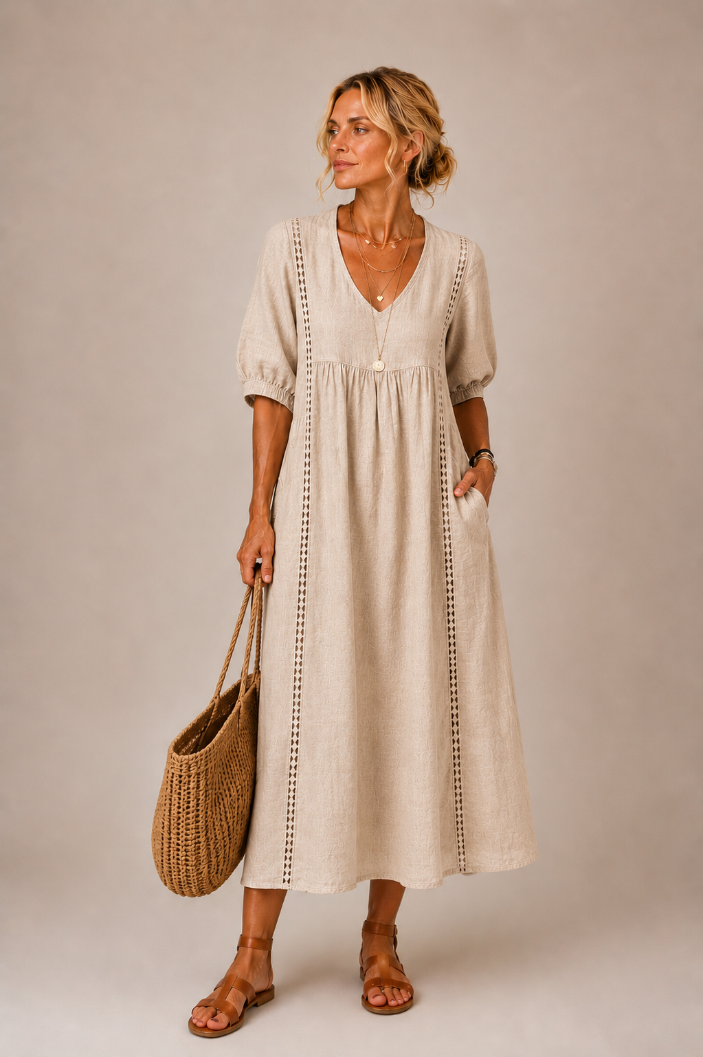 Anne – Linen-Look Midi Dress with Lace Trim
