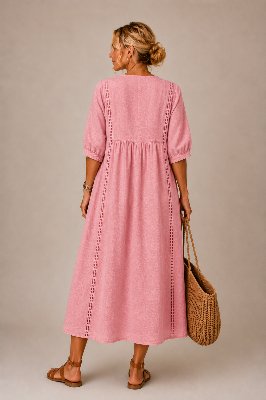 Anne – Linen-Look Midi Dress with Lace Trim