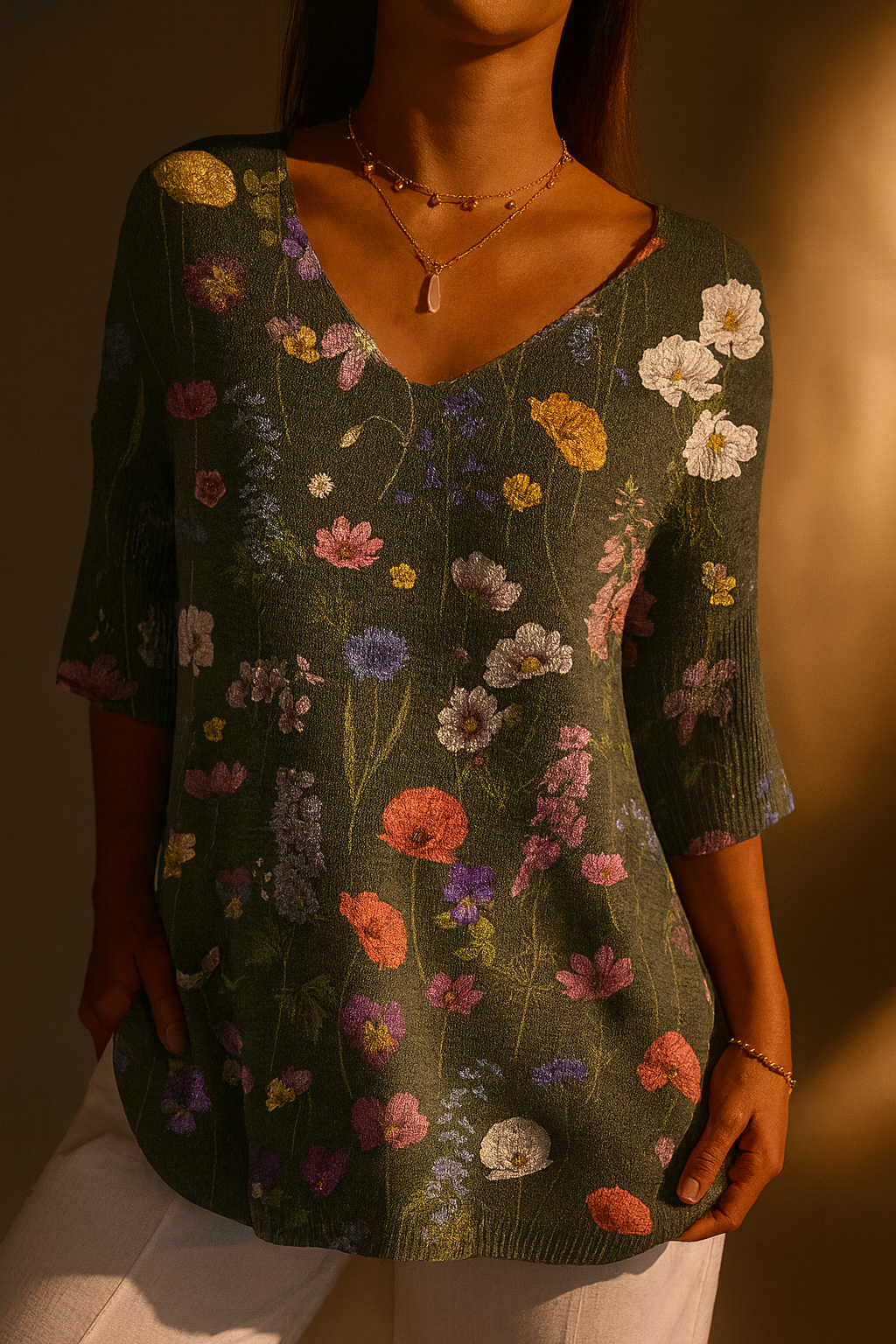 Simone | Vibrant Spring Botanical Garden Pattern Printed Women's Casual Pullover Knit