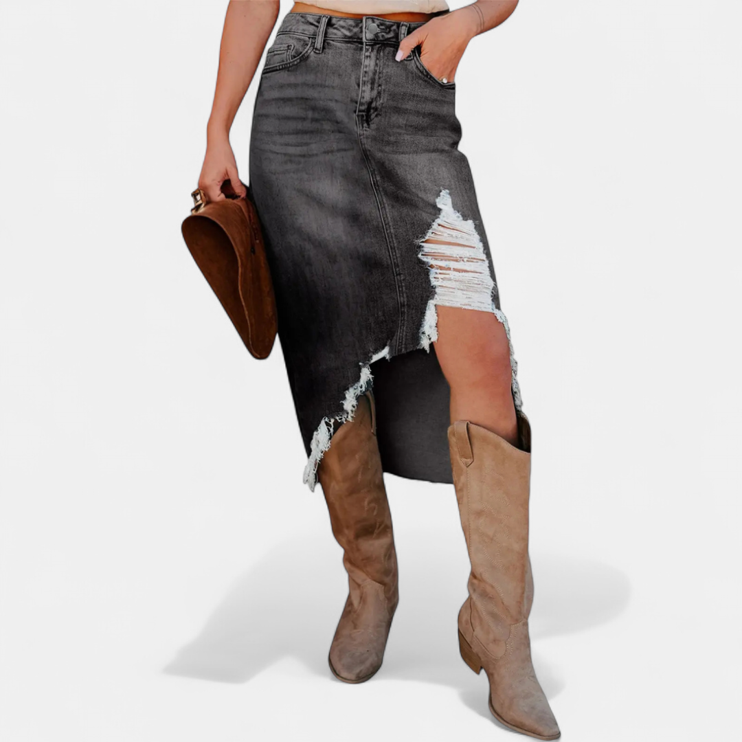 Lorraine – Distressed Denim Midi Skirt