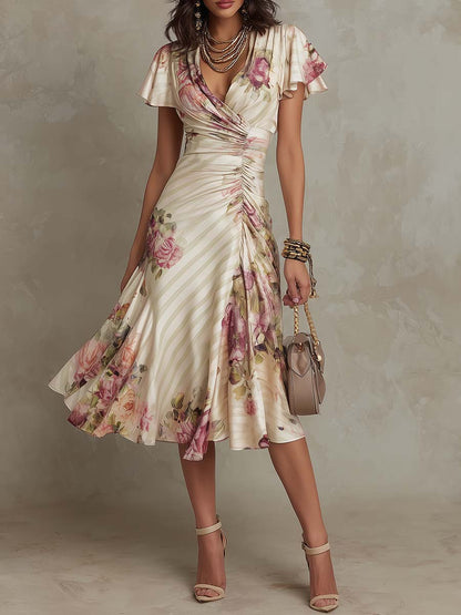 Charleigh | Vintage Floral Satin Midi Dress
