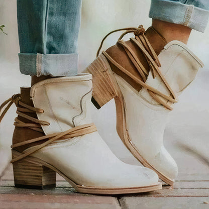 Milana | Ankle Boots – Leather – Western Style – Block Heel – Wrapped Lacing Detail