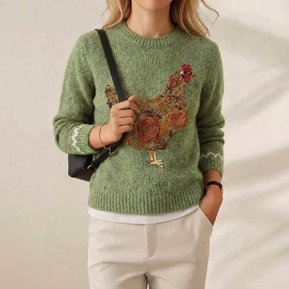 Cherie – Floral Hen Embroidered Knit Jumper