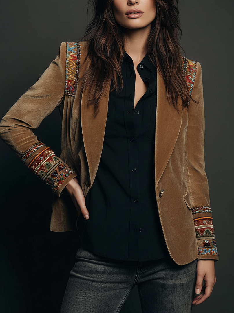 Corinne – Velvet-Look Blazer with Embroidered Trim