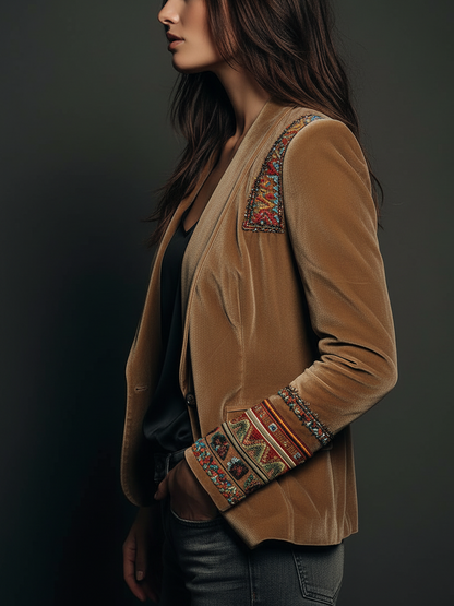 Corinne – Velvet-Look Blazer with Embroidered Trim