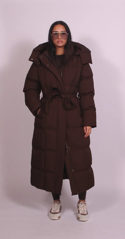 Janet – Maxi Puffer Coat with Belt and Hood