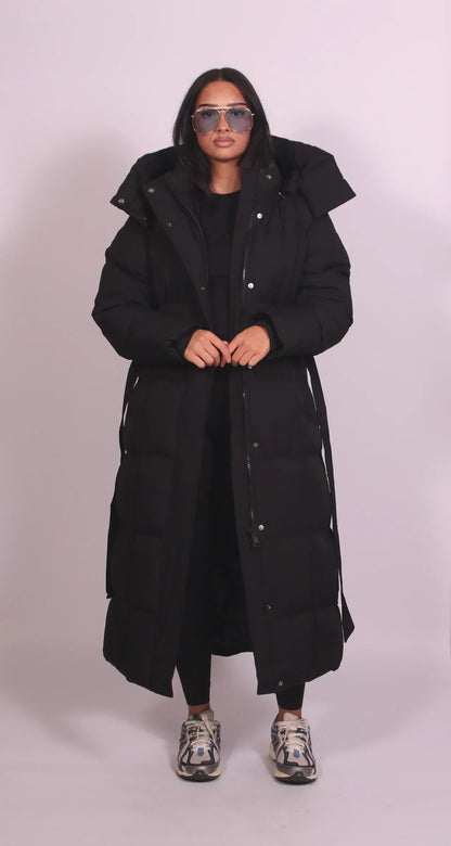 Janet – Maxi Puffer Coat with Belt and Hood