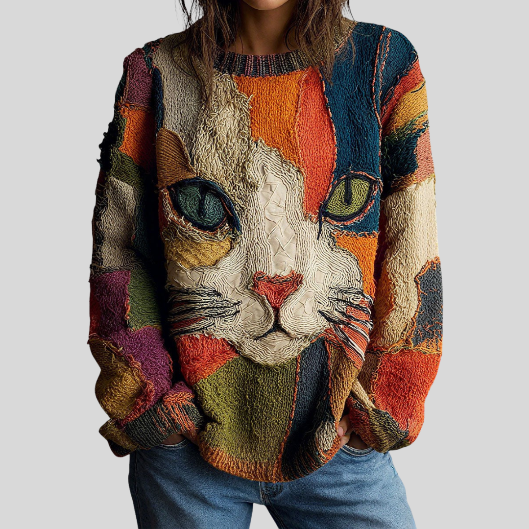 Glenda – Artistic Cat Patchwork Knit Jumper
