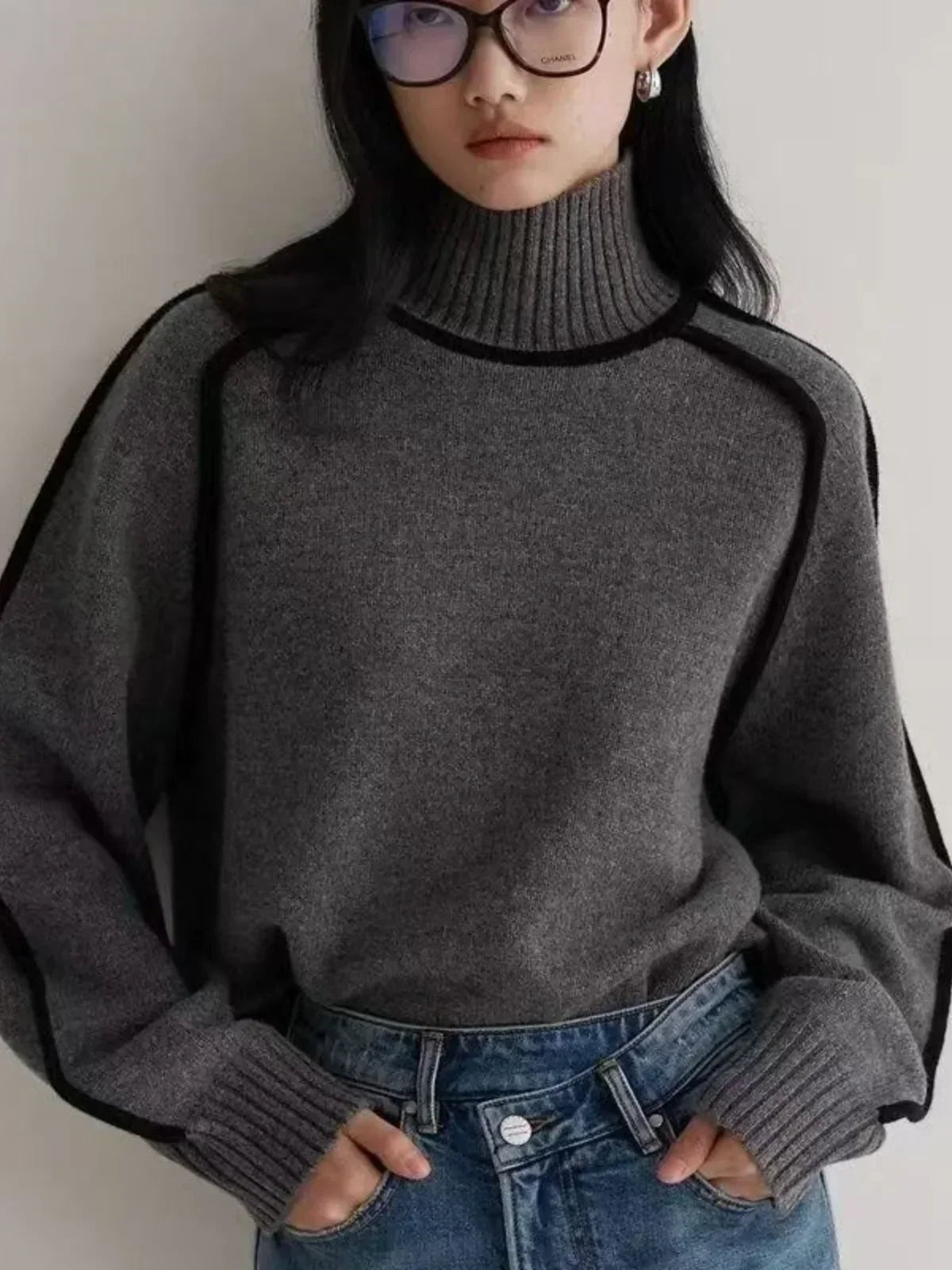 Amy – Contrast Piped Turtleneck Jumper