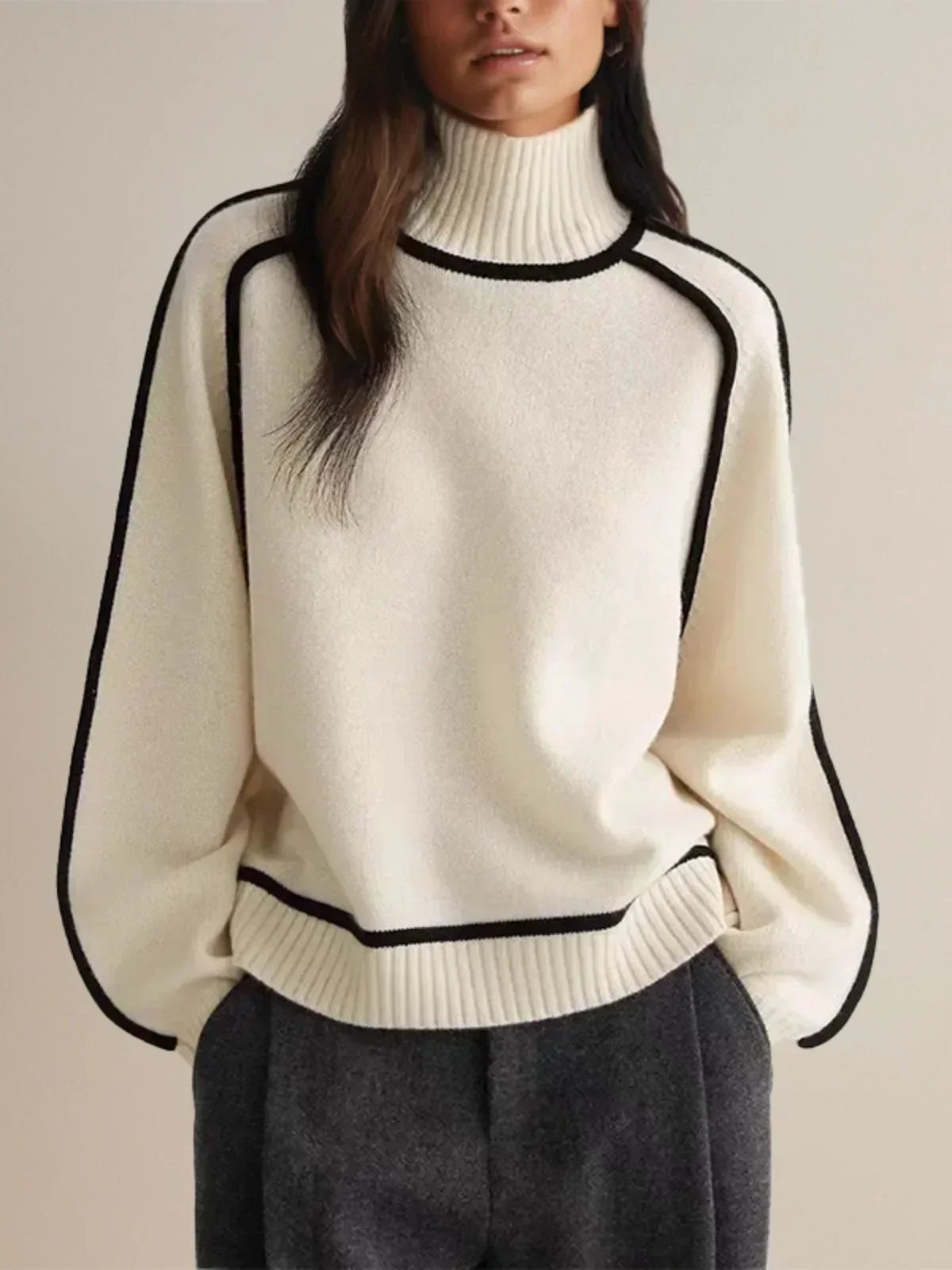 Amy – Contrast Piped Turtleneck Jumper