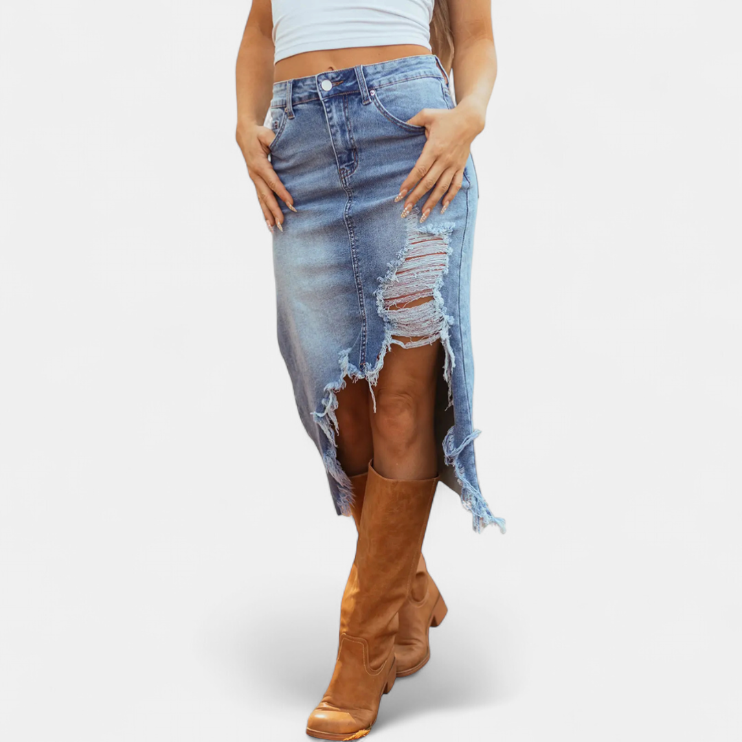Lorraine – Distressed Denim Midi Skirt