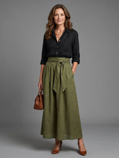 Greer | Two Piece Set Black Blouse Olive Green Midi Skirt
