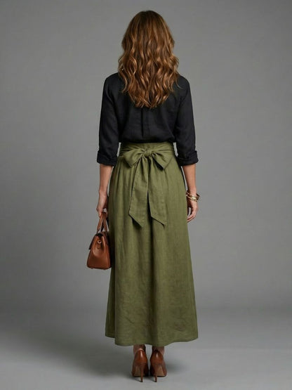 Greer | Two Piece Set Black Blouse Olive Green Midi Skirt