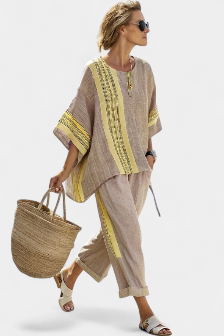 Marsha | Elegant Lavender Top & Mustard Striped Pants