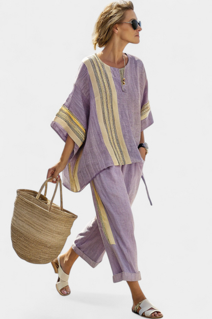 Marsha | Elegant Lavender Top & Mustard Striped Pants
