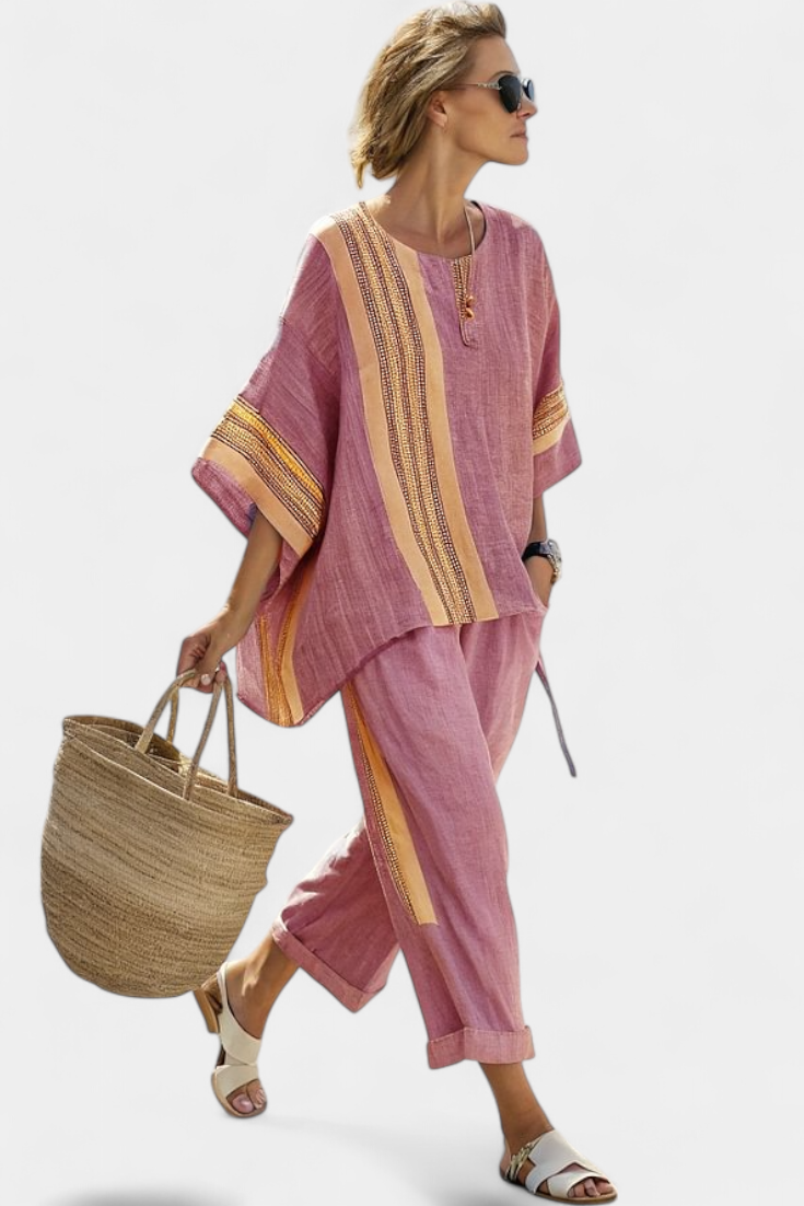 Marsha | Elegant Lavender Top & Mustard Striped Pants