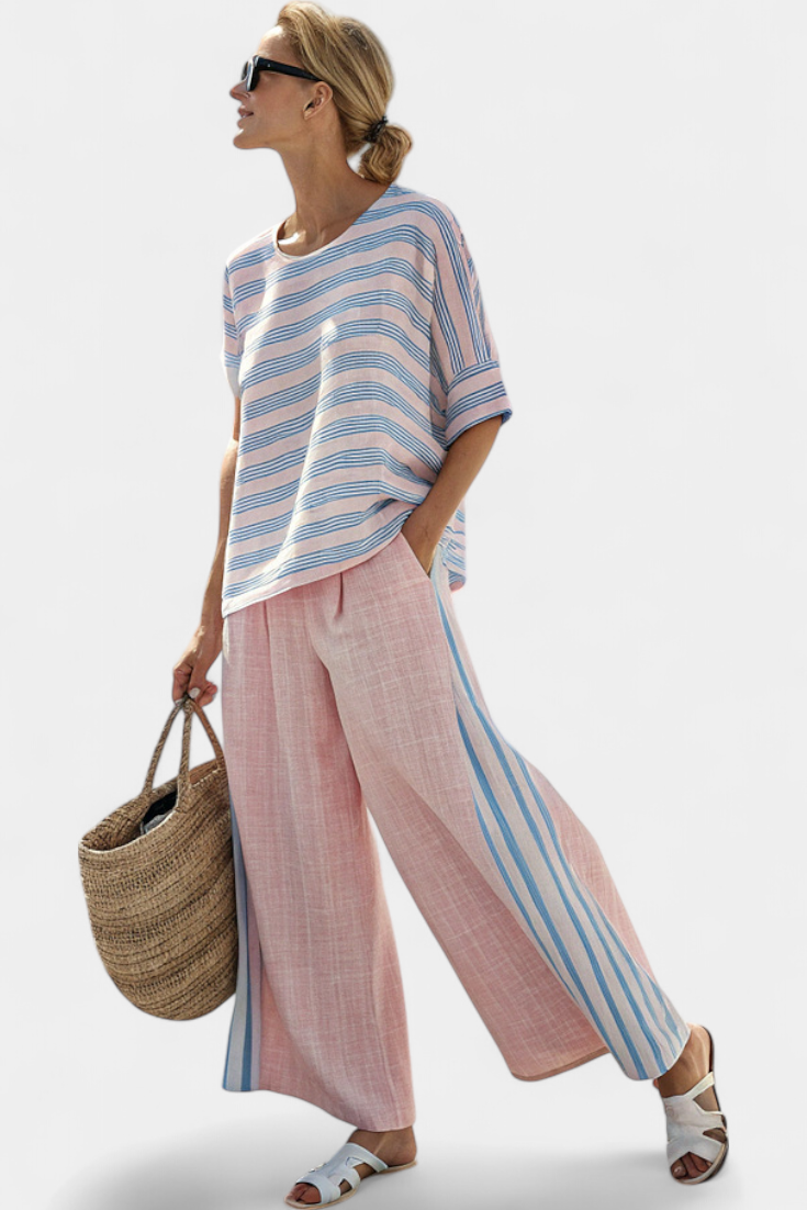 Annika | Elegant Pink-Blue Linen Blouse & Soft Pants