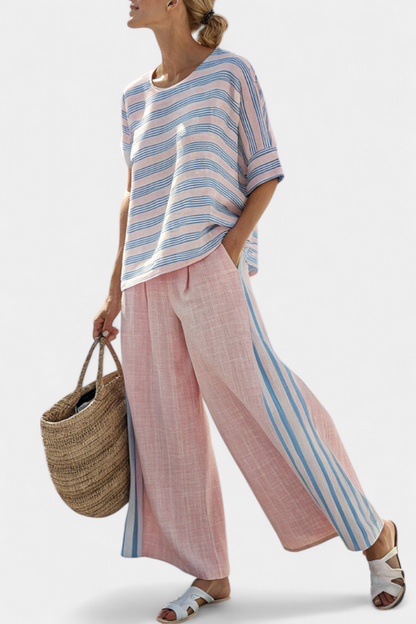 Annika | Elegant Pink-Blue Linen Blouse & Soft Pants