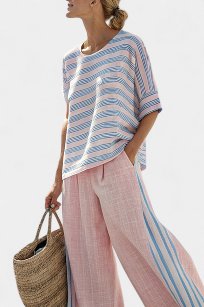 Annika | Elegant Pink-Blue Linen Blouse & Soft Pants