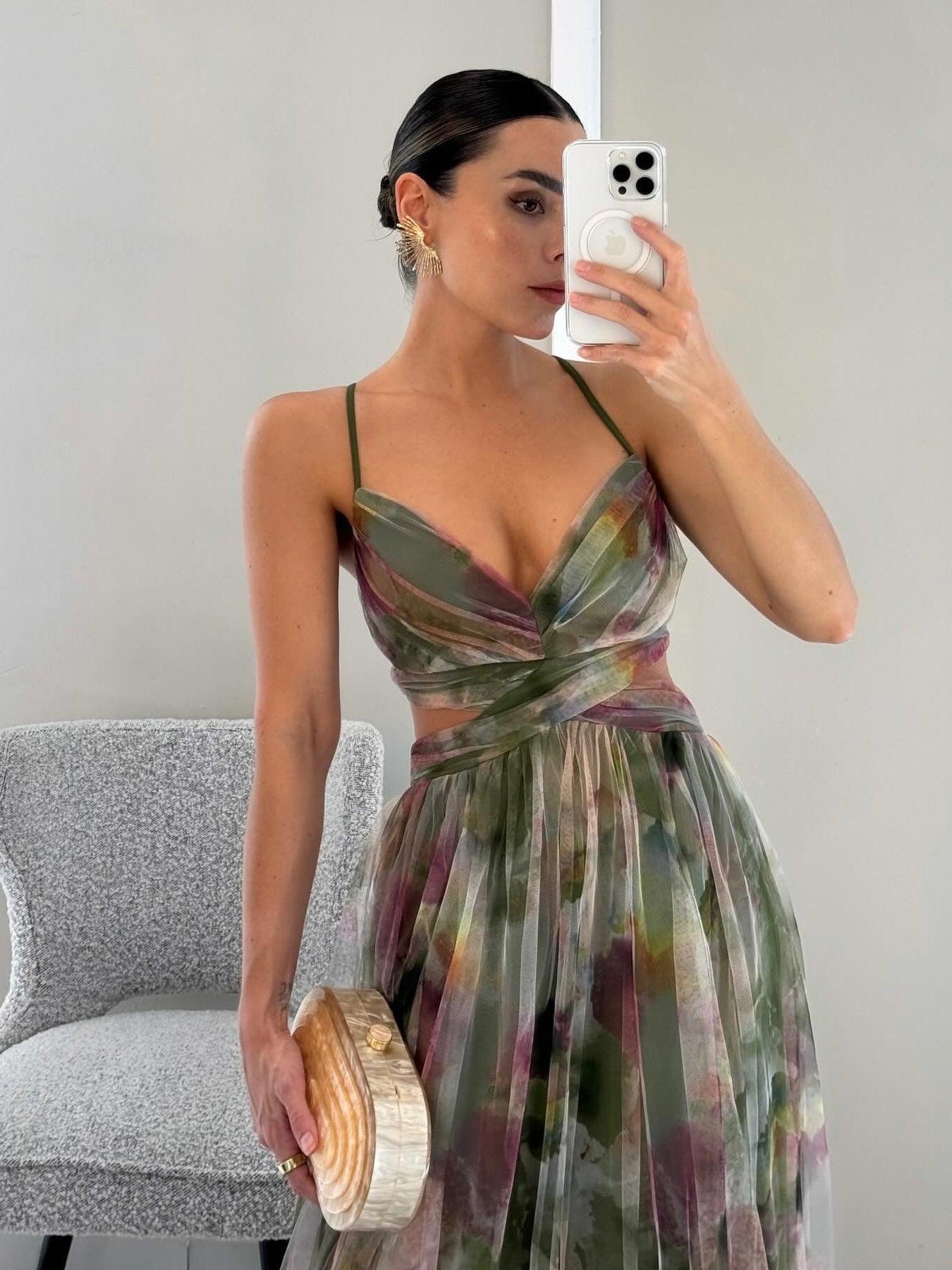 Sydnee | Painted Floral Print V-Neck Maxi Dress