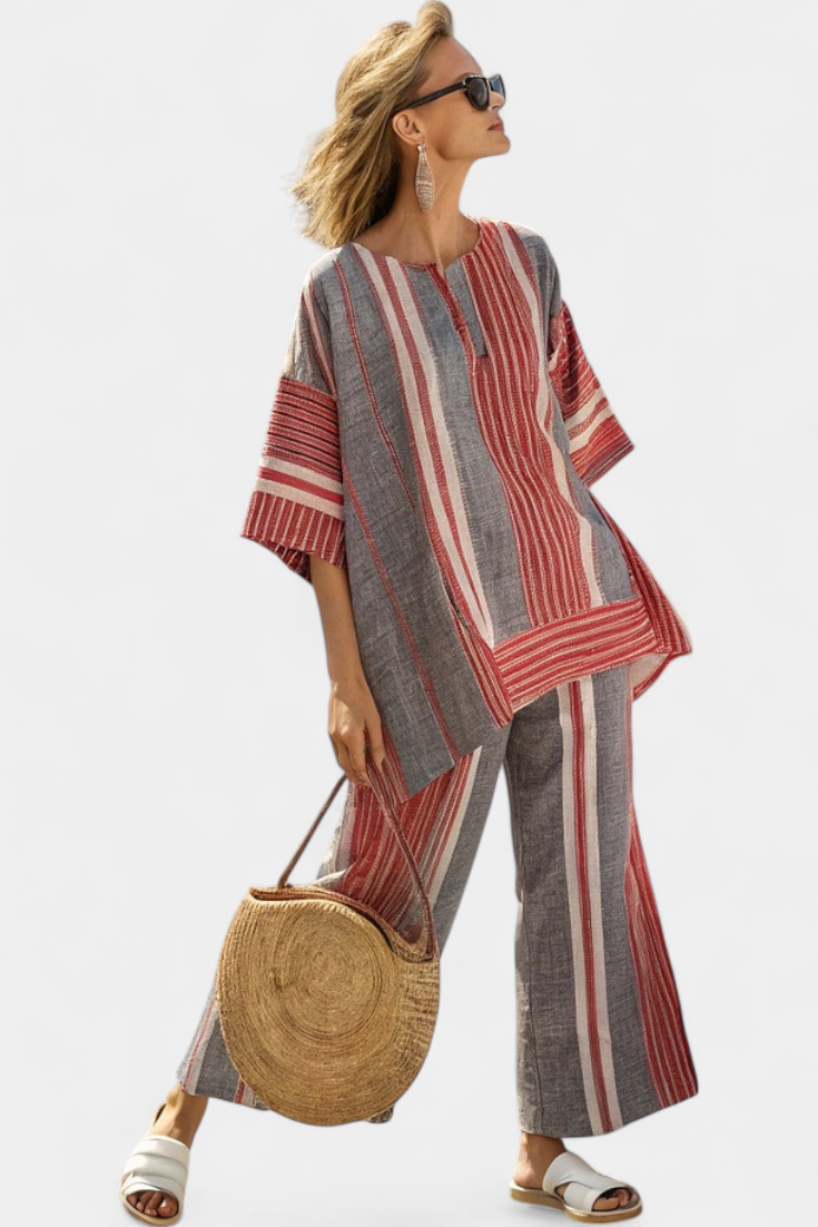 Kit | Elegant Coral-Grey Linen Top & Wide-Leg Pants