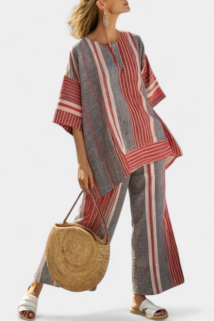 Kit | Elegant Coral-Grey Linen Top & Wide-Leg Pants
