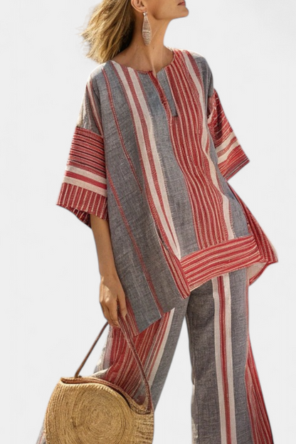 Kit | Elegant Coral-Grey Linen Top & Wide-Leg Pants