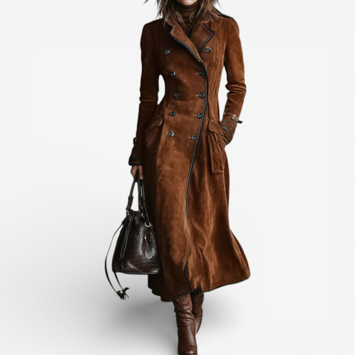 Willa – Double-Breasted Suede-Look Long Coat