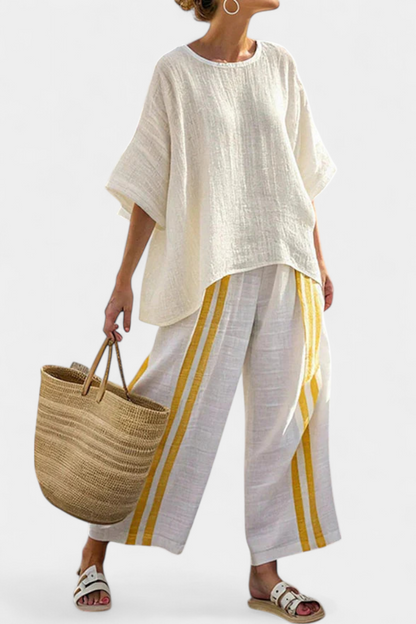 Joelle | Elegant Yellow Striped Linen Top & Wide-Leg Pants