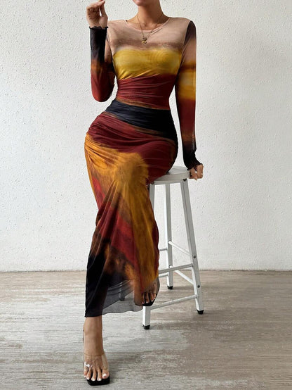Tatiana | Printed Long-Sleeve Bodycon Maxi