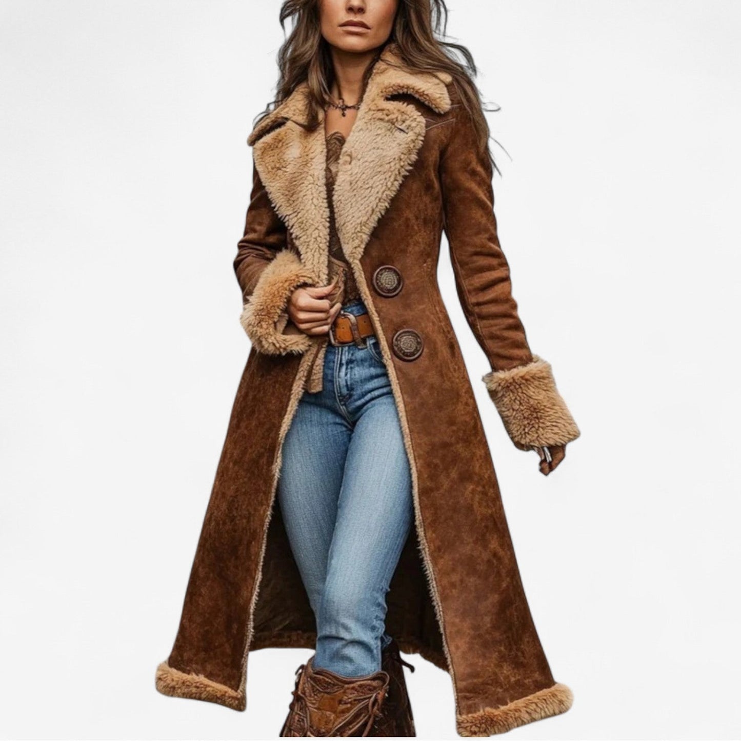 Wanda – Faux-Shearling-Lined Long Suede-Look Coat