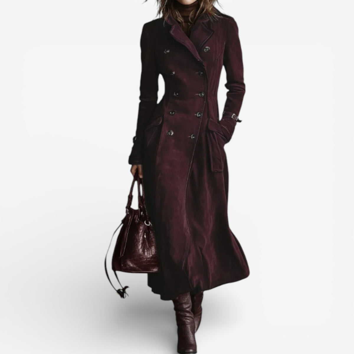 Willa – Double-Breasted Suede-Look Long Coat