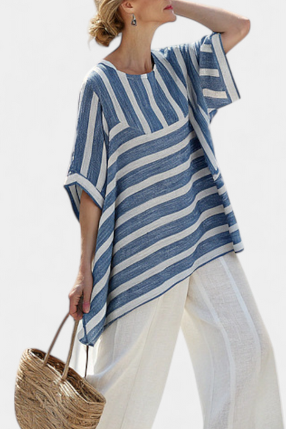 Lourdes | Sophisticated Blue Striped Top & Hem-Detailed Pants