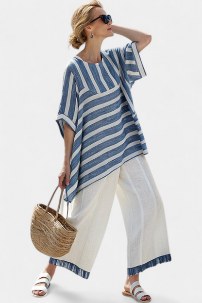 Lourdes | Sophisticated Blue Striped Top & Hem-Detailed Pants