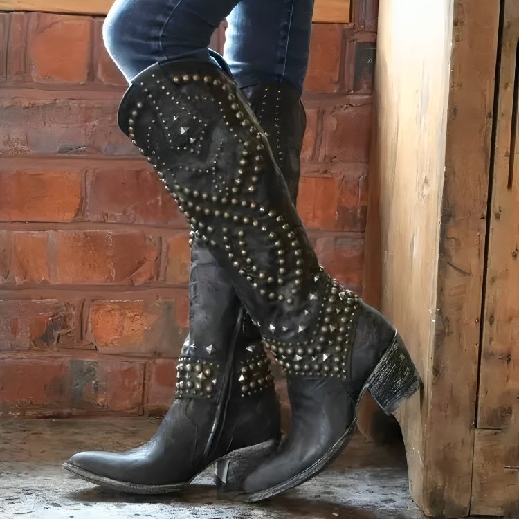 Elaine – Studded Knee-High Western Boots