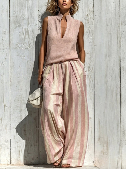 Leonie – Striped Wide-Leg Pants and Knit Top Set