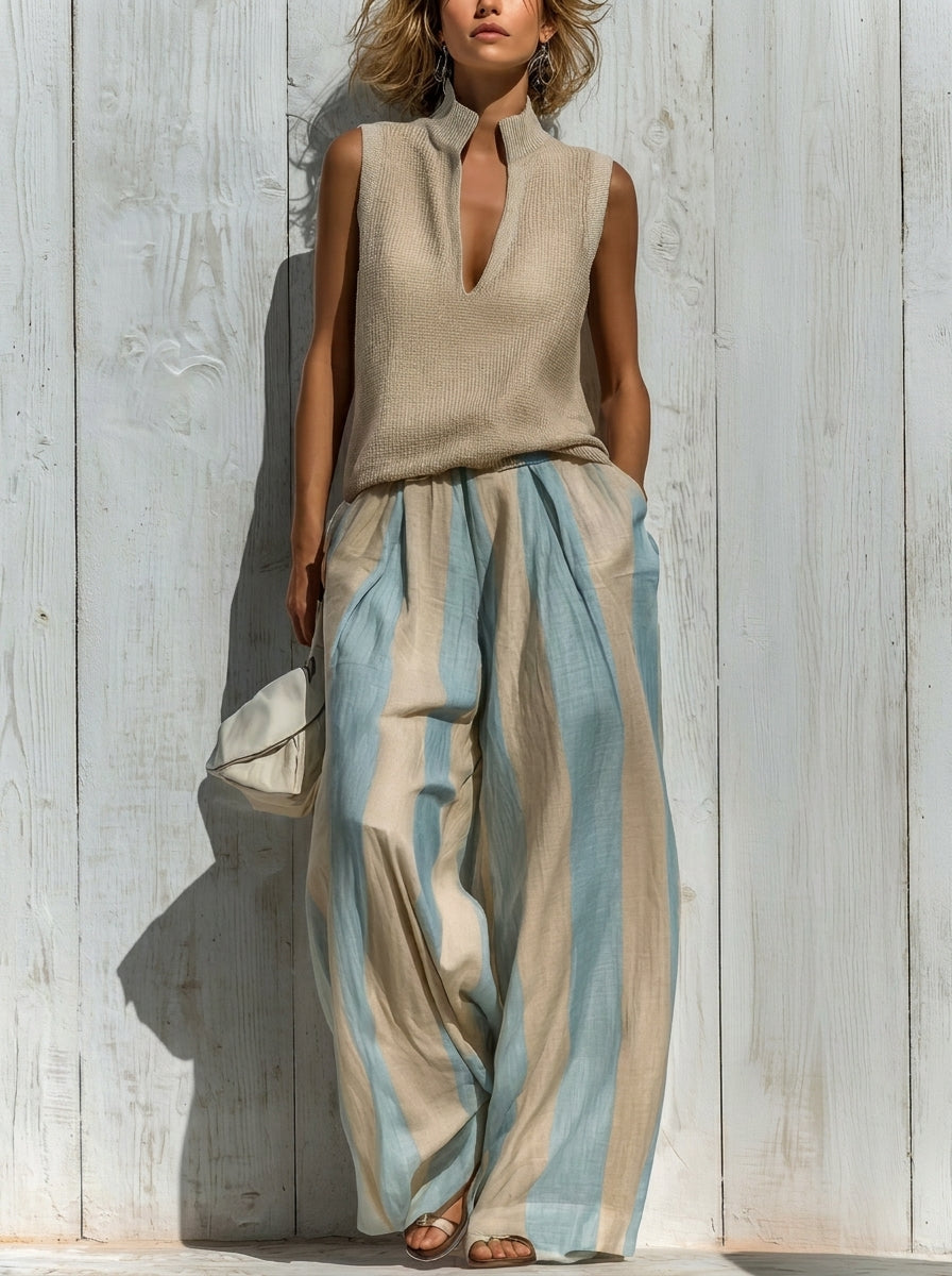 Leonie – Striped Wide-Leg Pants and Knit Top Set