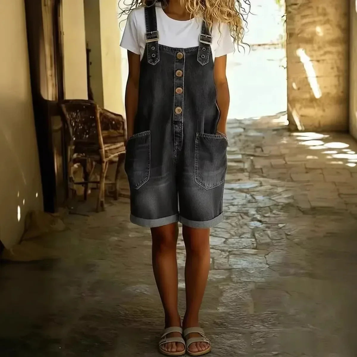 Melissa – Denim-Look Short Overalls