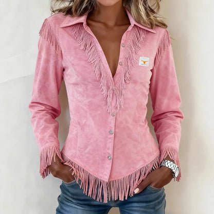 Beatrice | │ Fringe Suede-Look Button-Up Blouse